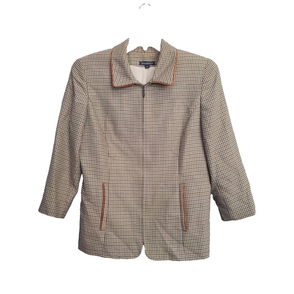 Tahari Wool Blend Houndstooth Full-Zip Lined Blazer Size 12